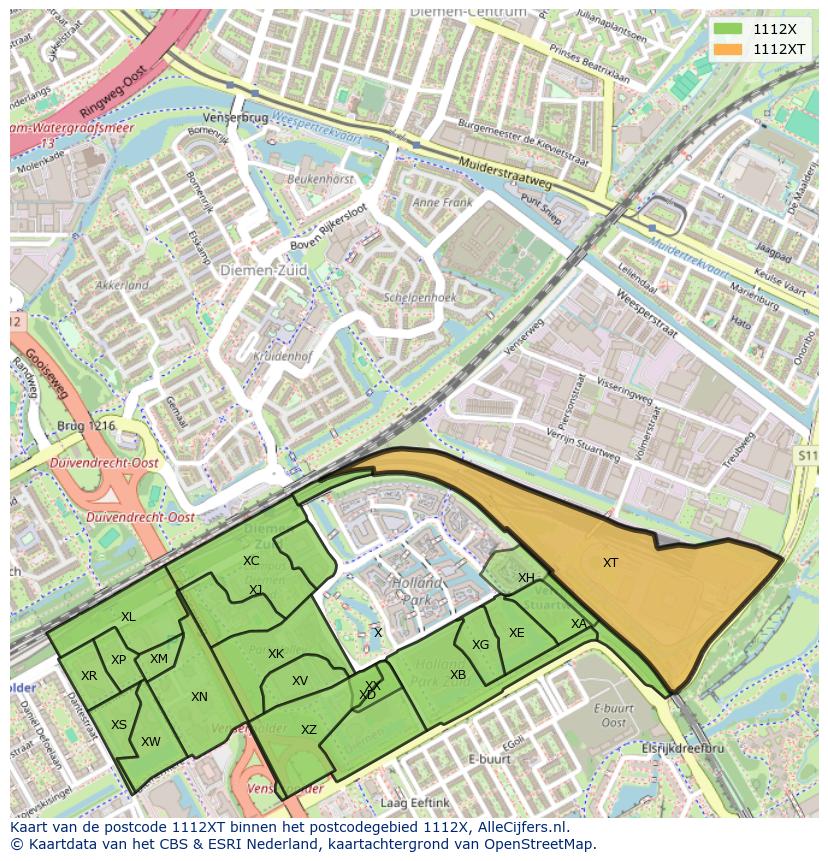 Afbeelding van het postcodegebied 1112 XT op de kaart.