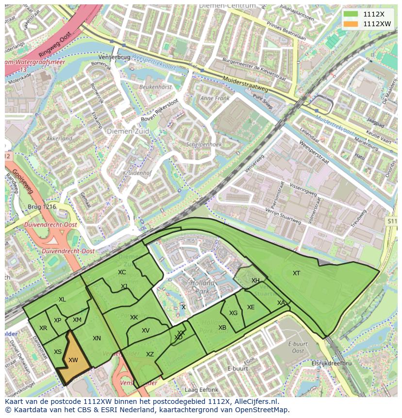 Afbeelding van het postcodegebied 1112 XW op de kaart.