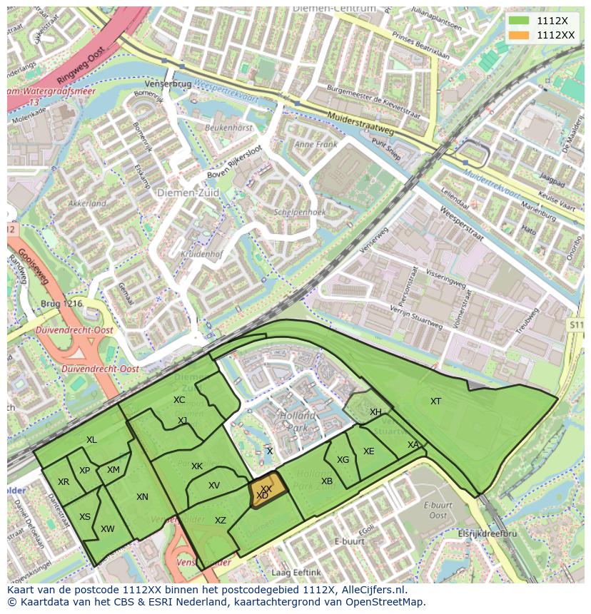 Afbeelding van het postcodegebied 1112 XX op de kaart.