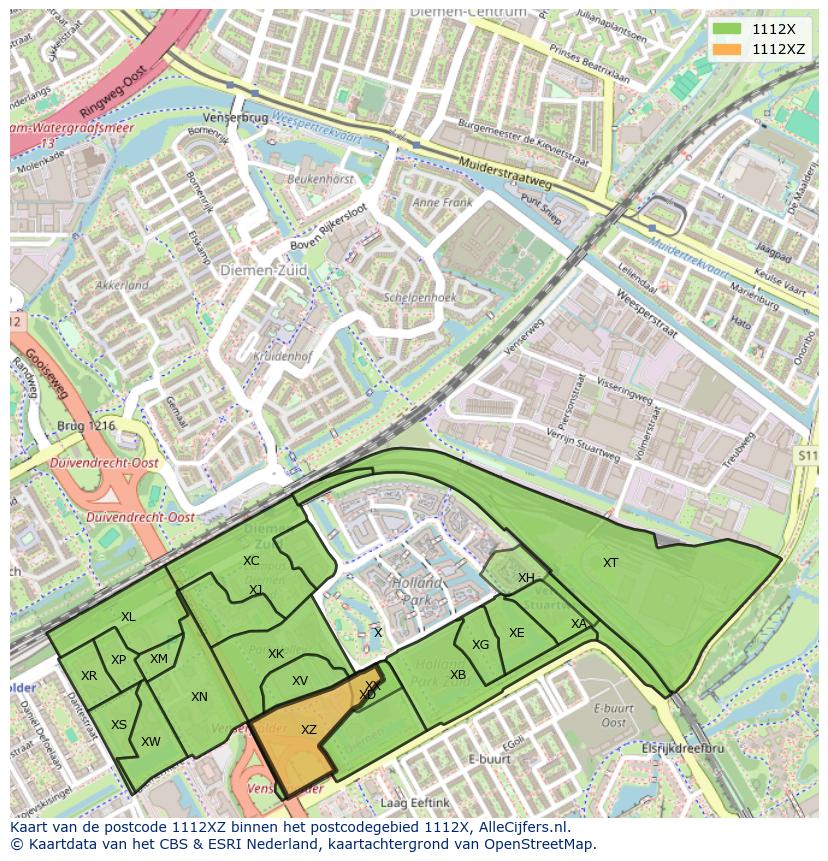 Afbeelding van het postcodegebied 1112 XZ op de kaart.