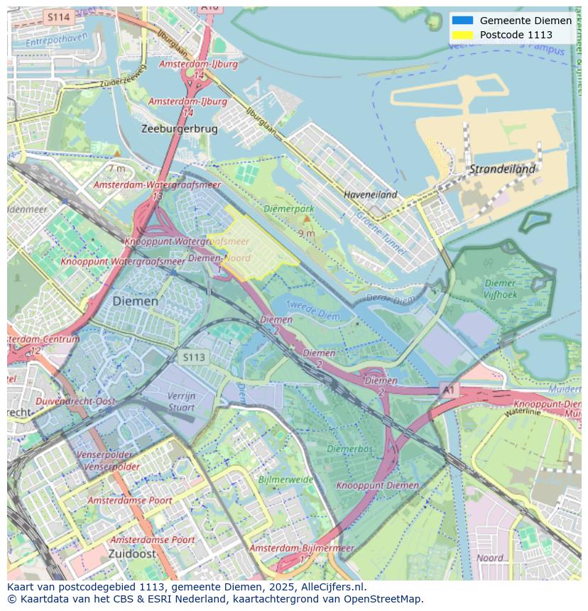 Afbeelding van het postcodegebied 1113 op de kaart.