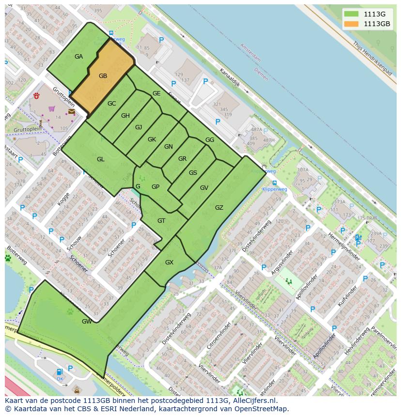 Afbeelding van het postcodegebied 1113 GB op de kaart.