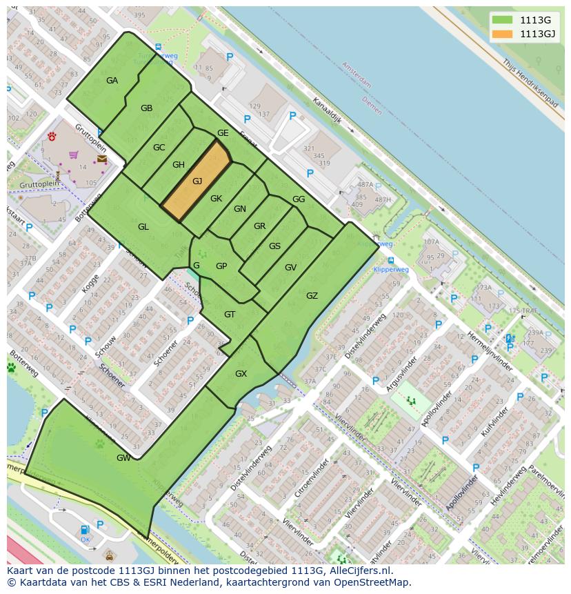 Afbeelding van het postcodegebied 1113 GJ op de kaart.