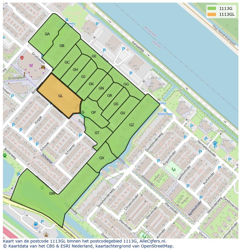 Afbeelding van het postcodegebied 1113 GL op de kaart.