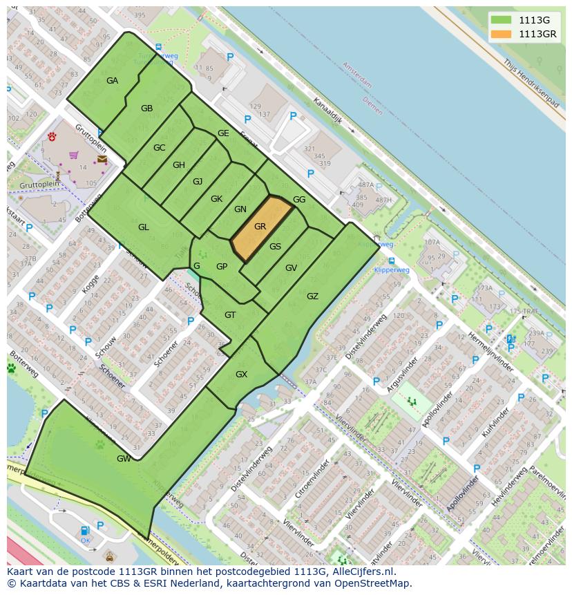 Afbeelding van het postcodegebied 1113 GR op de kaart.