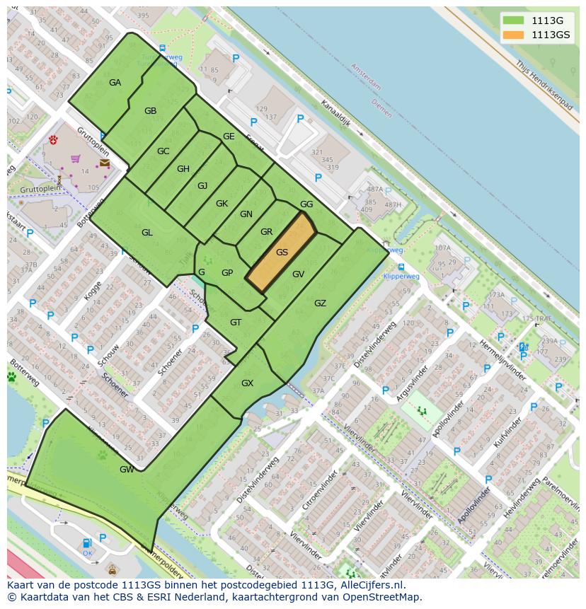 Afbeelding van het postcodegebied 1113 GS op de kaart.