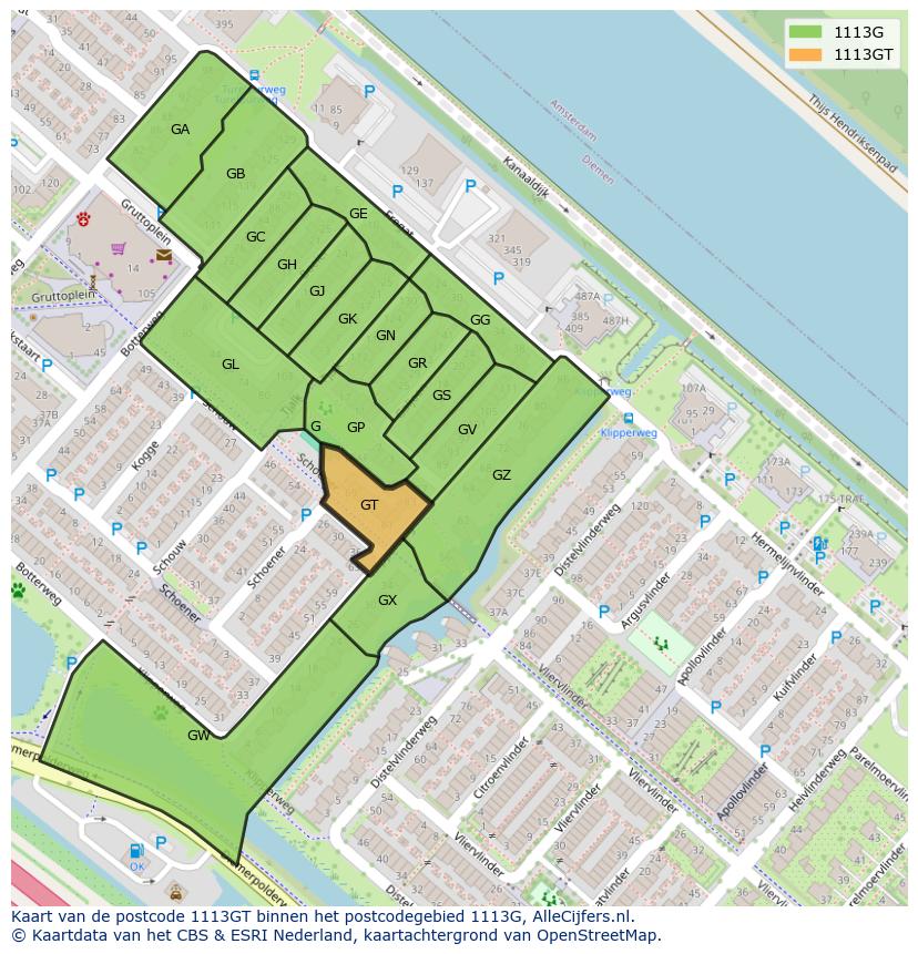 Afbeelding van het postcodegebied 1113 GT op de kaart.