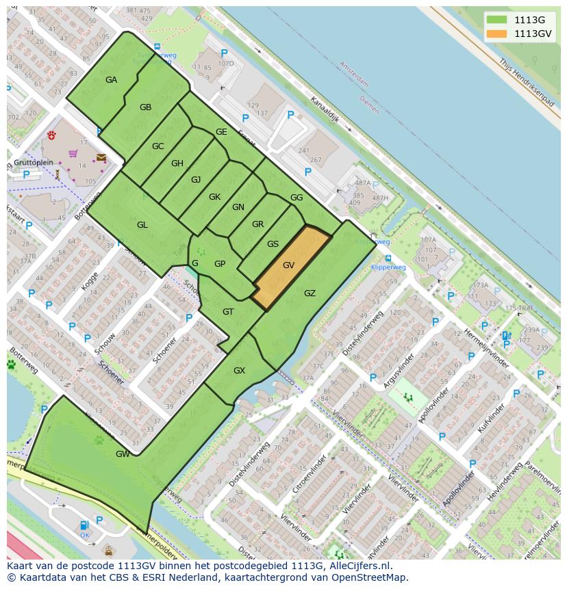 Afbeelding van het postcodegebied 1113 GV op de kaart.