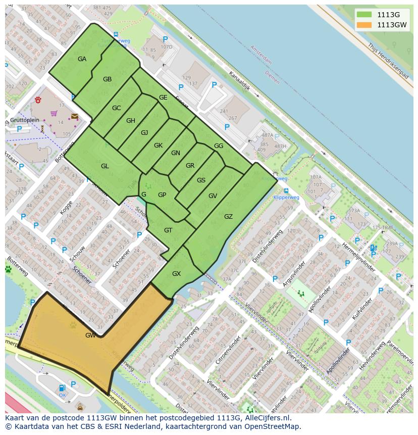 Afbeelding van het postcodegebied 1113 GW op de kaart.