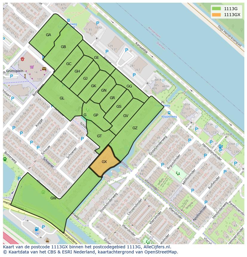 Afbeelding van het postcodegebied 1113 GX op de kaart.