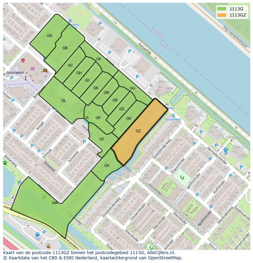 Afbeelding van het postcodegebied 1113 GZ op de kaart.