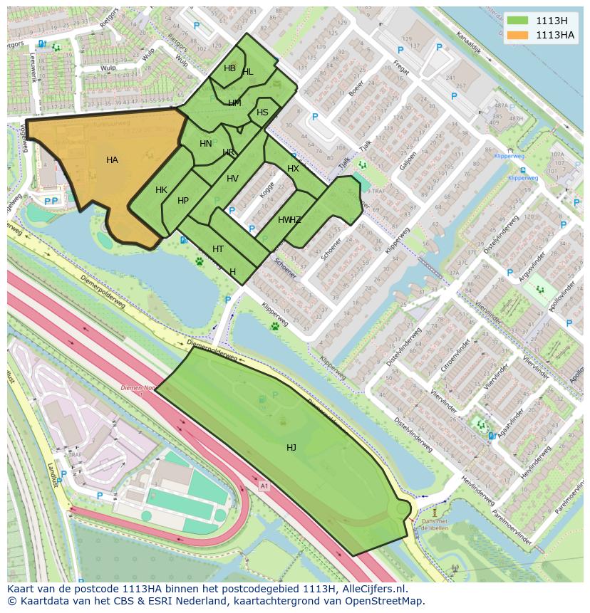 Afbeelding van het postcodegebied 1113 HA op de kaart.