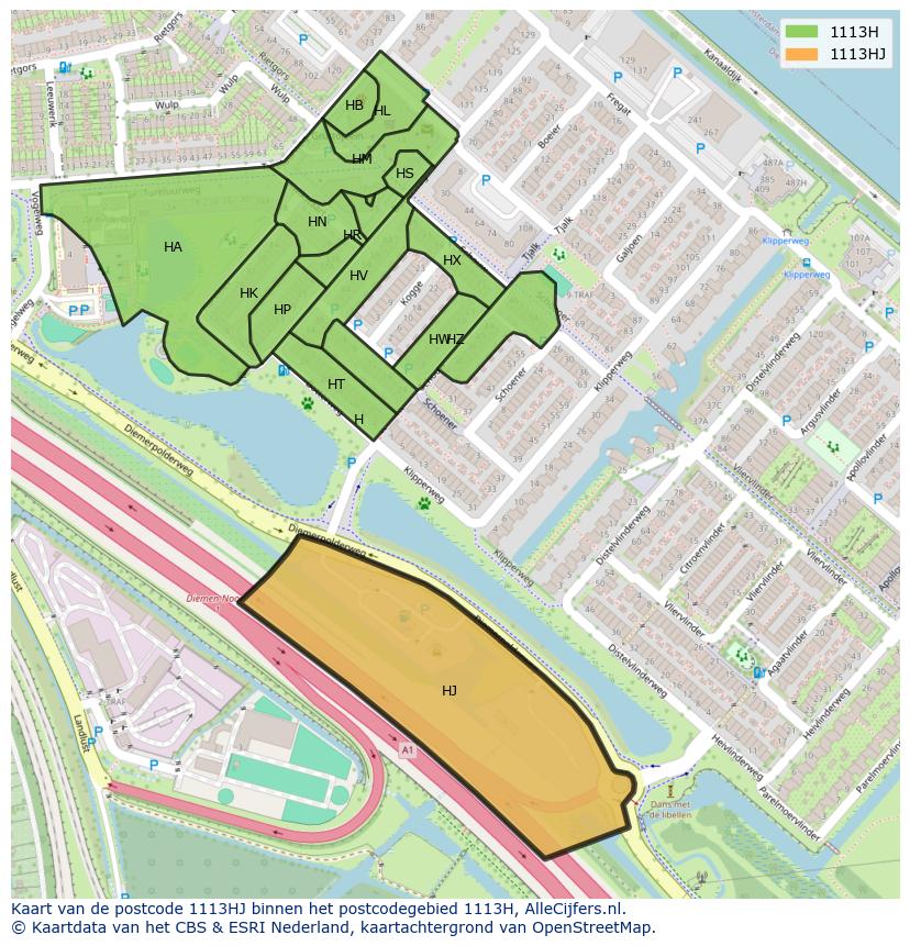 Afbeelding van het postcodegebied 1113 HJ op de kaart.