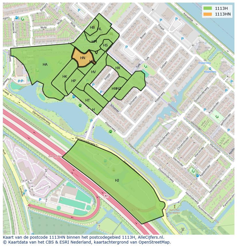 Afbeelding van het postcodegebied 1113 HN op de kaart.