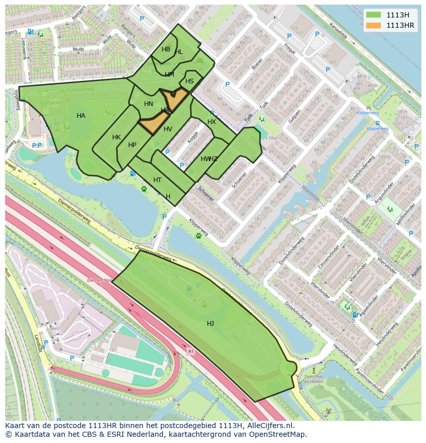 Afbeelding van het postcodegebied 1113 HR op de kaart.
