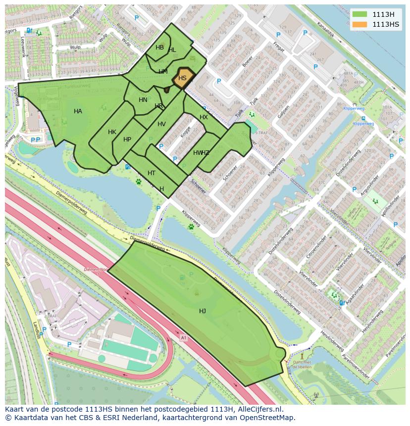 Afbeelding van het postcodegebied 1113 HS op de kaart.