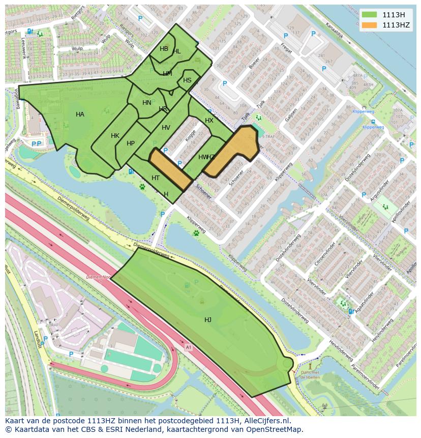 Afbeelding van het postcodegebied 1113 HZ op de kaart.