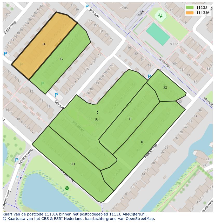 Afbeelding van het postcodegebied 1113 JA op de kaart.