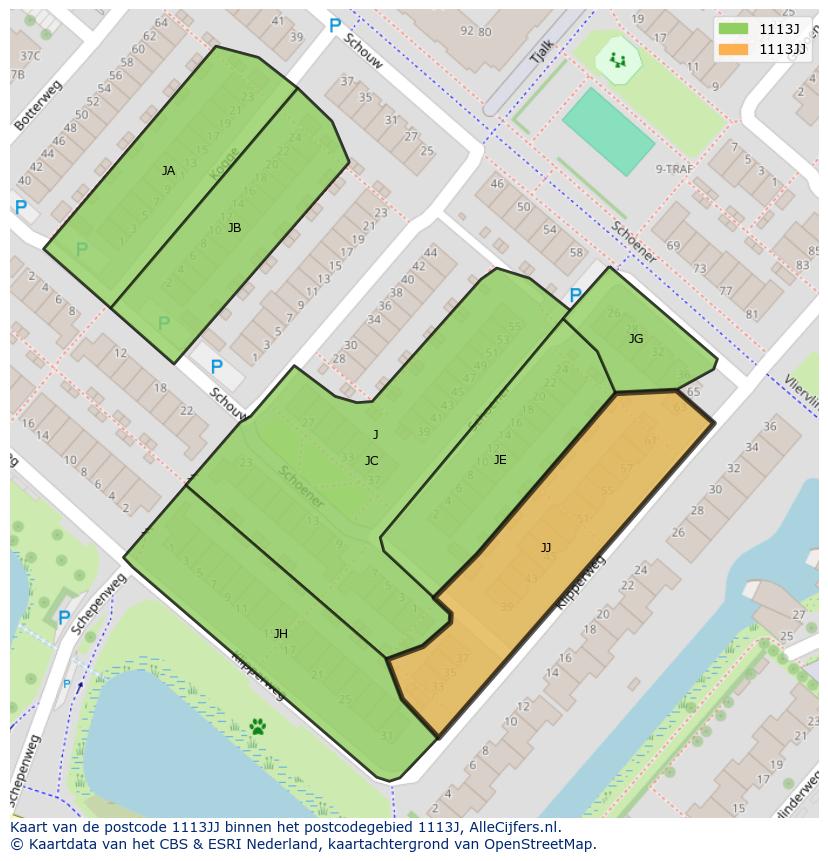Afbeelding van het postcodegebied 1113 JJ op de kaart.