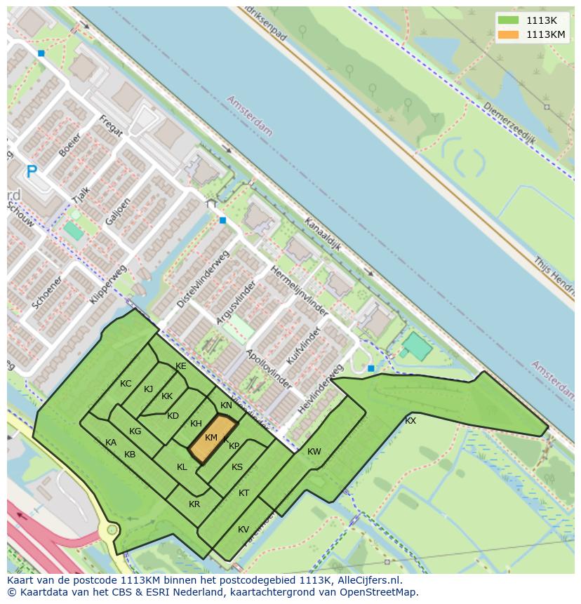 Afbeelding van het postcodegebied 1113 KM op de kaart.