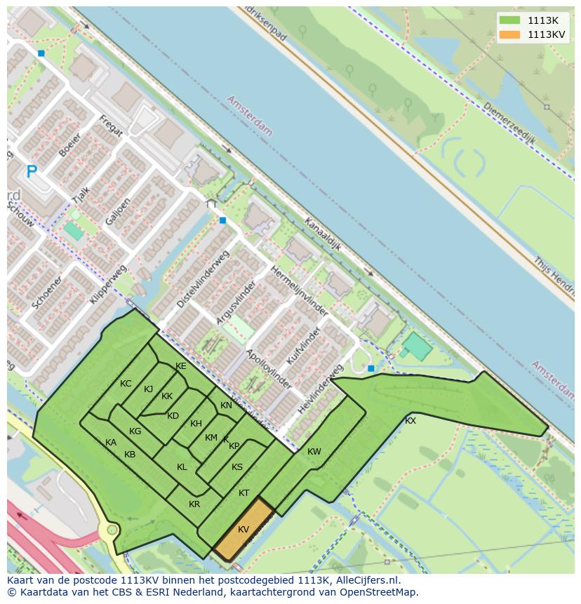 Afbeelding van het postcodegebied 1113 KV op de kaart.