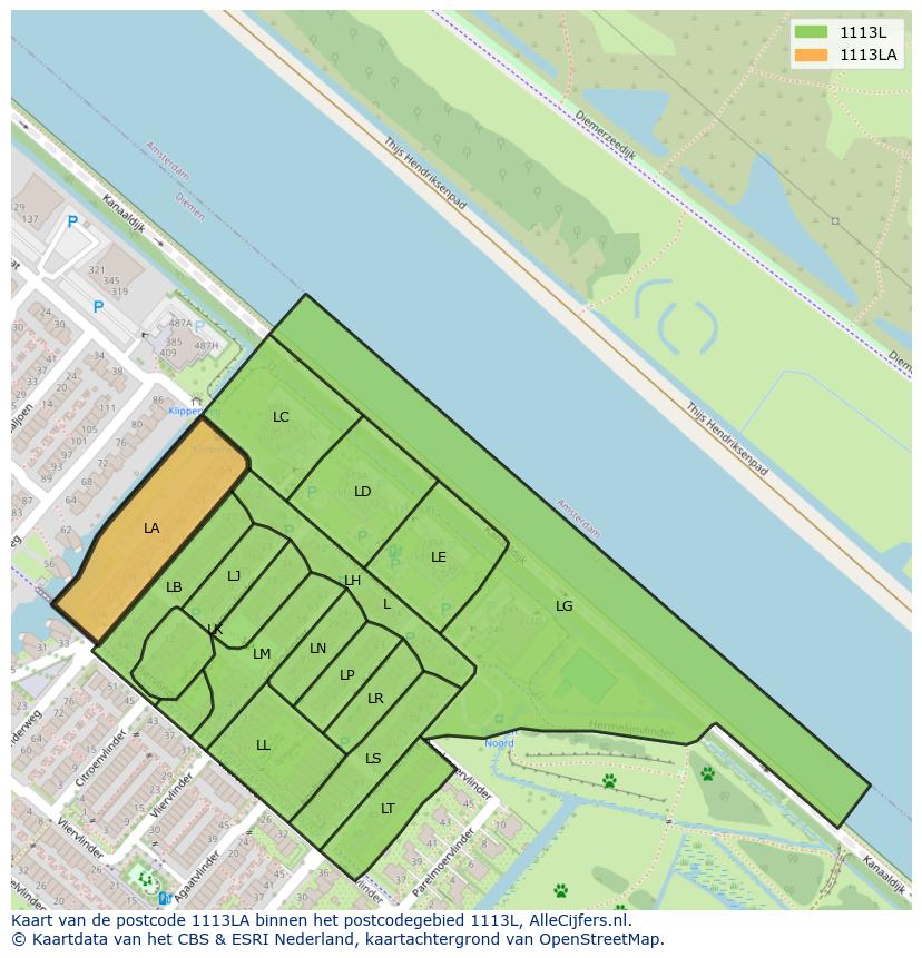 Afbeelding van het postcodegebied 1113 LA op de kaart.
