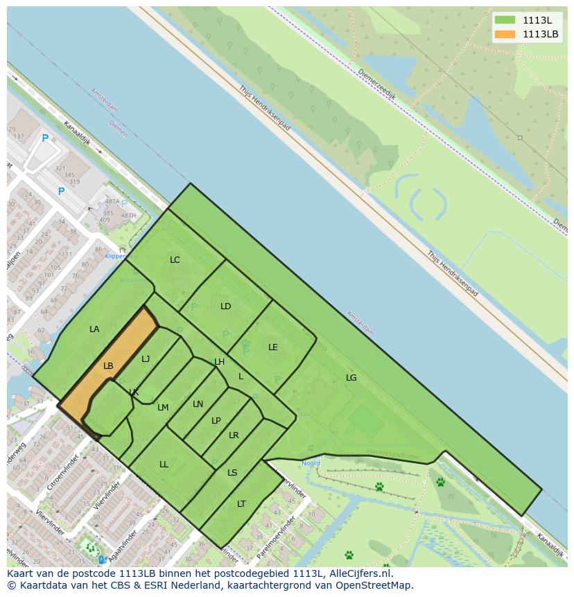 Afbeelding van het postcodegebied 1113 LB op de kaart.