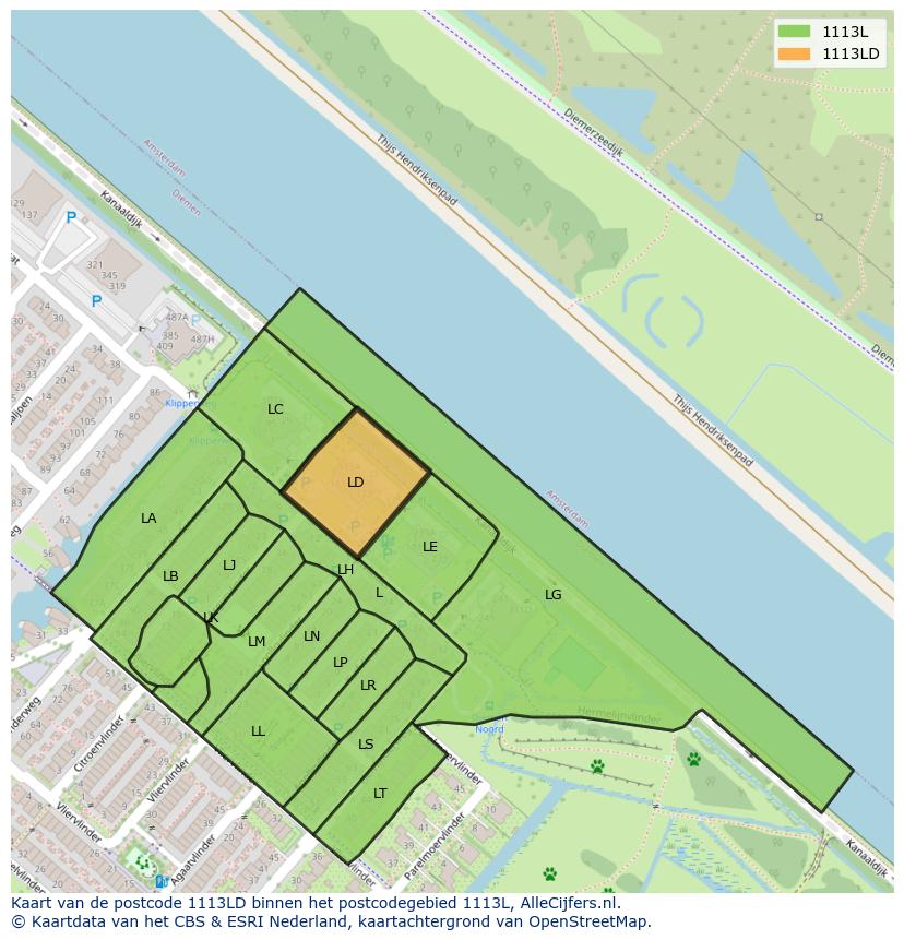 Afbeelding van het postcodegebied 1113 LD op de kaart.
