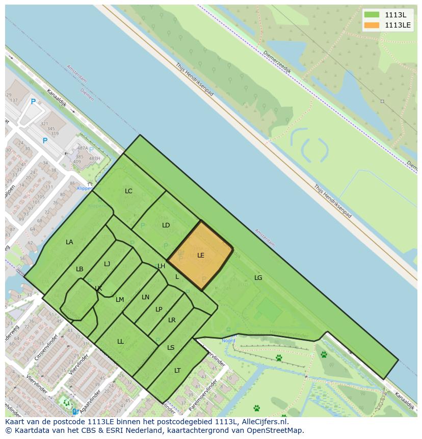 Afbeelding van het postcodegebied 1113 LE op de kaart.