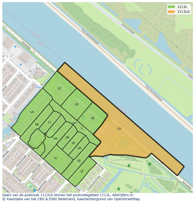 Afbeelding van het postcodegebied 1113 LG op de kaart.