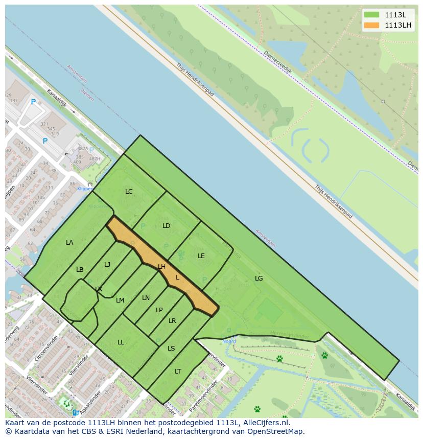 Afbeelding van het postcodegebied 1113 LH op de kaart.