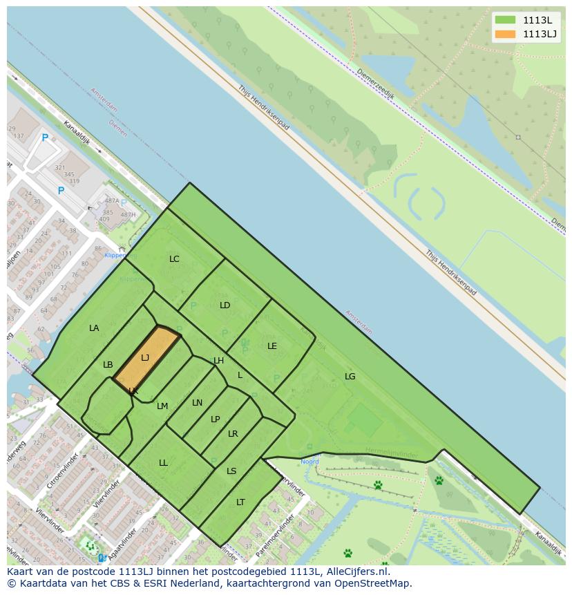 Afbeelding van het postcodegebied 1113 LJ op de kaart.