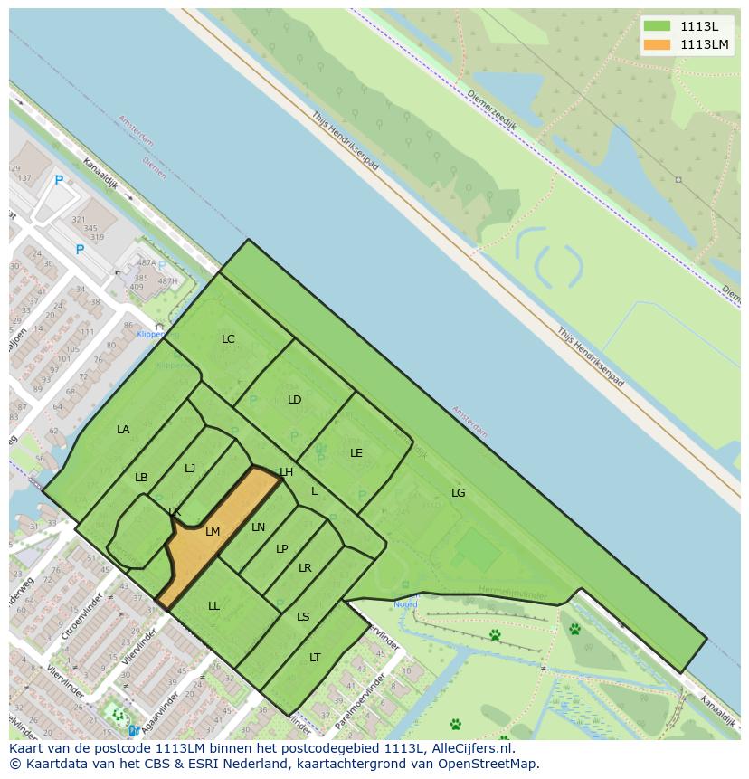 Afbeelding van het postcodegebied 1113 LM op de kaart.