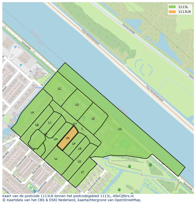 Afbeelding van het postcodegebied 1113 LN op de kaart.