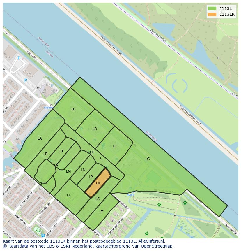 Afbeelding van het postcodegebied 1113 LR op de kaart.