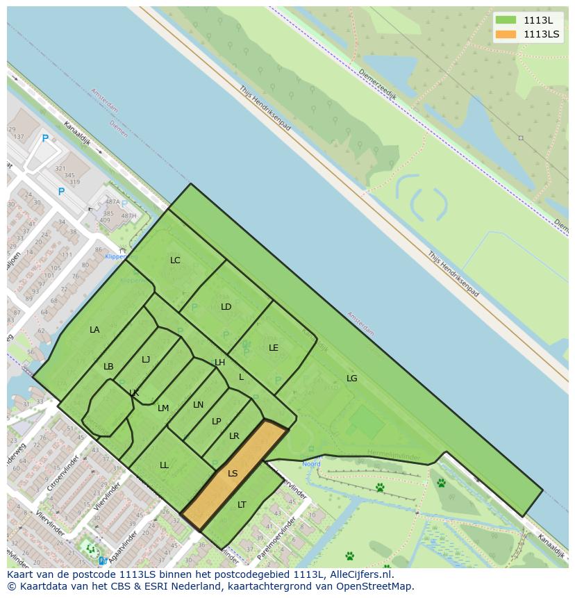 Afbeelding van het postcodegebied 1113 LS op de kaart.