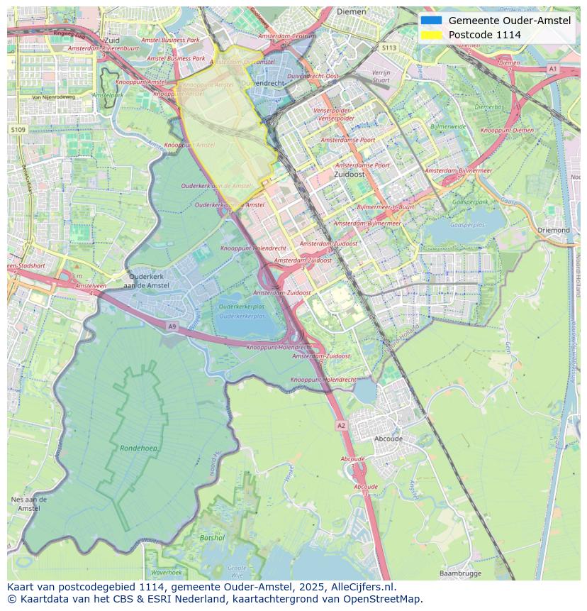 Afbeelding van het postcodegebied 1114 op de kaart.