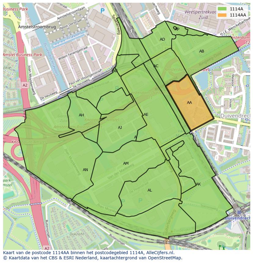 Afbeelding van het postcodegebied 1114 AA op de kaart.