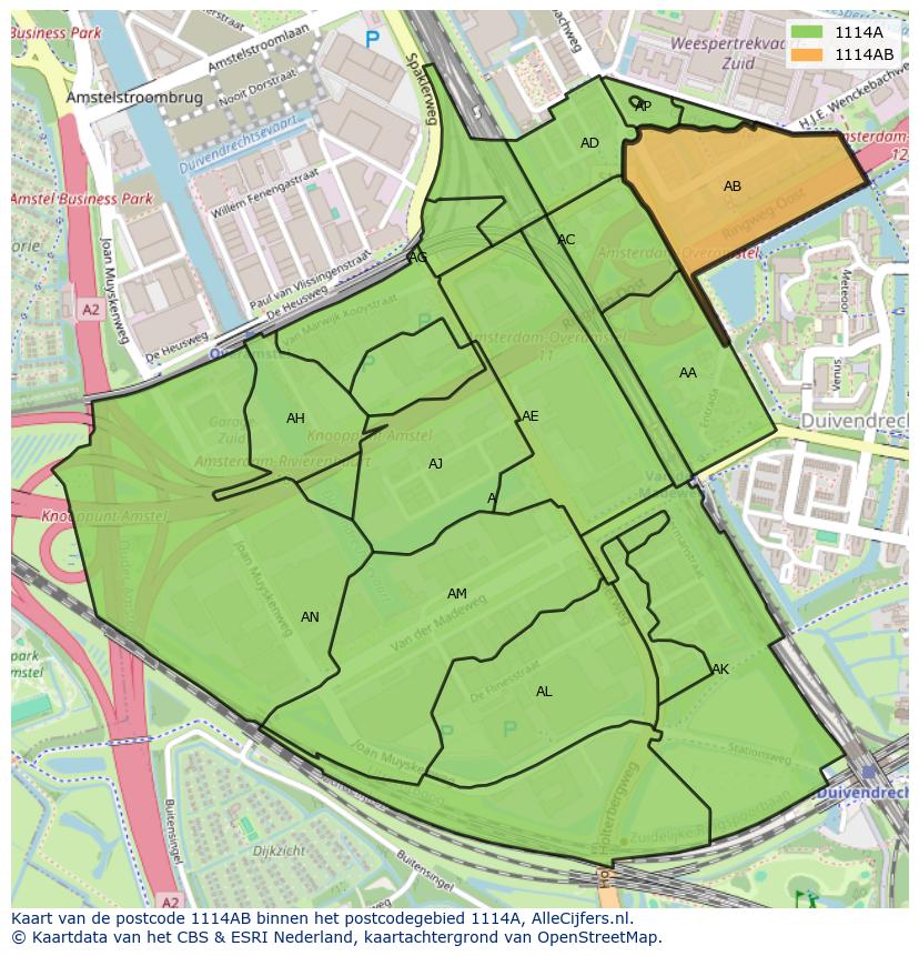 Afbeelding van het postcodegebied 1114 AB op de kaart.