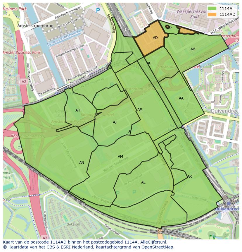 Afbeelding van het postcodegebied 1114 AD op de kaart.