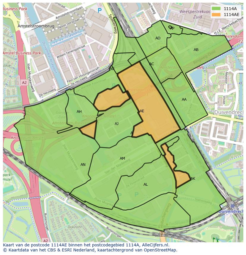 Afbeelding van het postcodegebied 1114 AE op de kaart.
