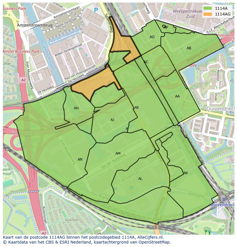 Afbeelding van het postcodegebied 1114 AG op de kaart.