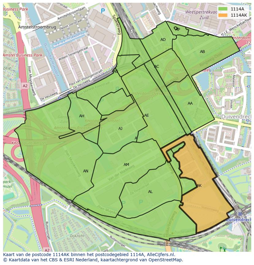 Afbeelding van het postcodegebied 1114 AK op de kaart.