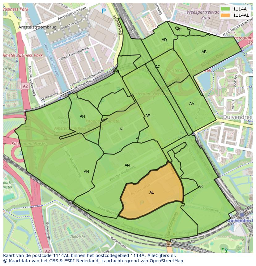 Afbeelding van het postcodegebied 1114 AL op de kaart.