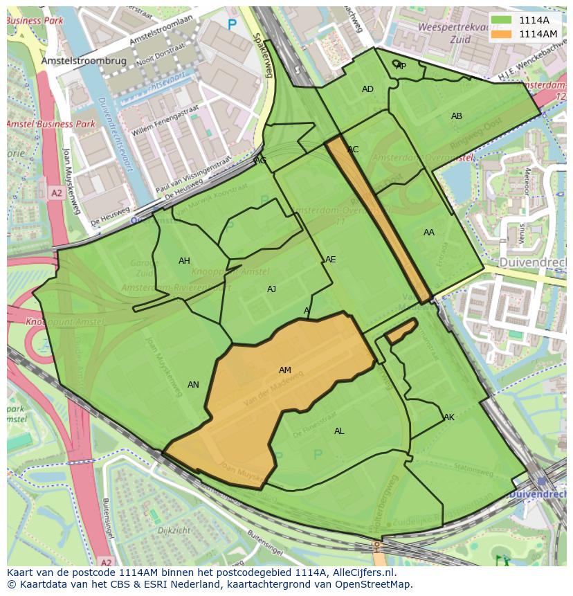 Afbeelding van het postcodegebied 1114 AM op de kaart.