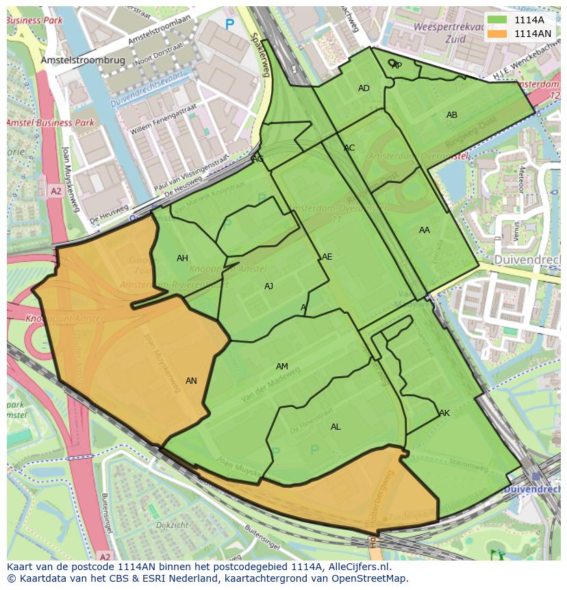 Afbeelding van het postcodegebied 1114 AN op de kaart.