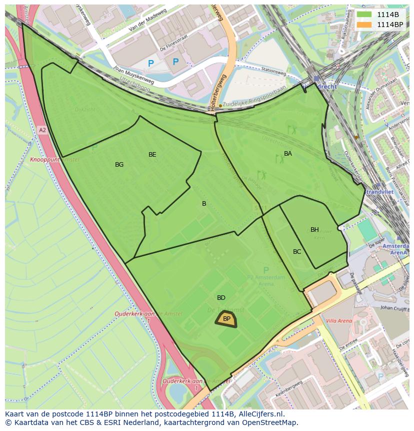 Afbeelding van het postcodegebied 1114 BP op de kaart.