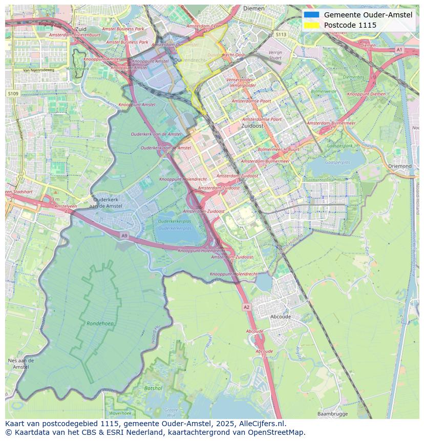 Afbeelding van het postcodegebied 1115 op de kaart.