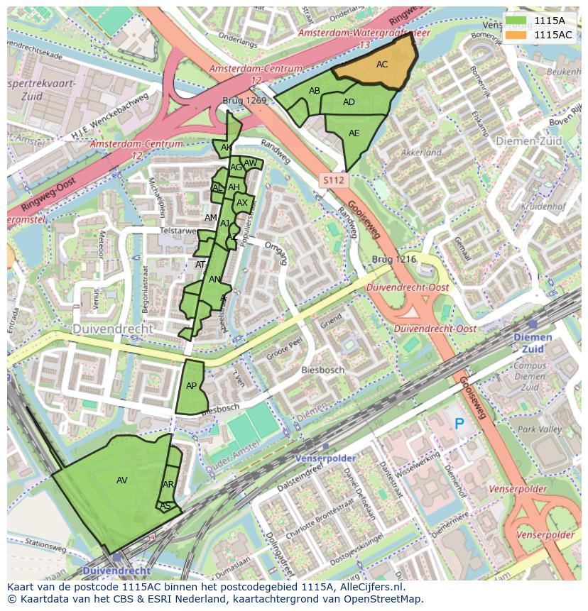 Afbeelding van het postcodegebied 1115 AC op de kaart.