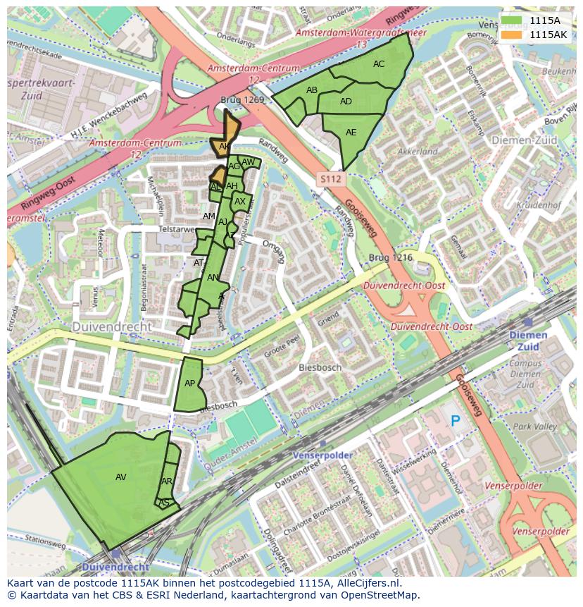 Afbeelding van het postcodegebied 1115 AK op de kaart.